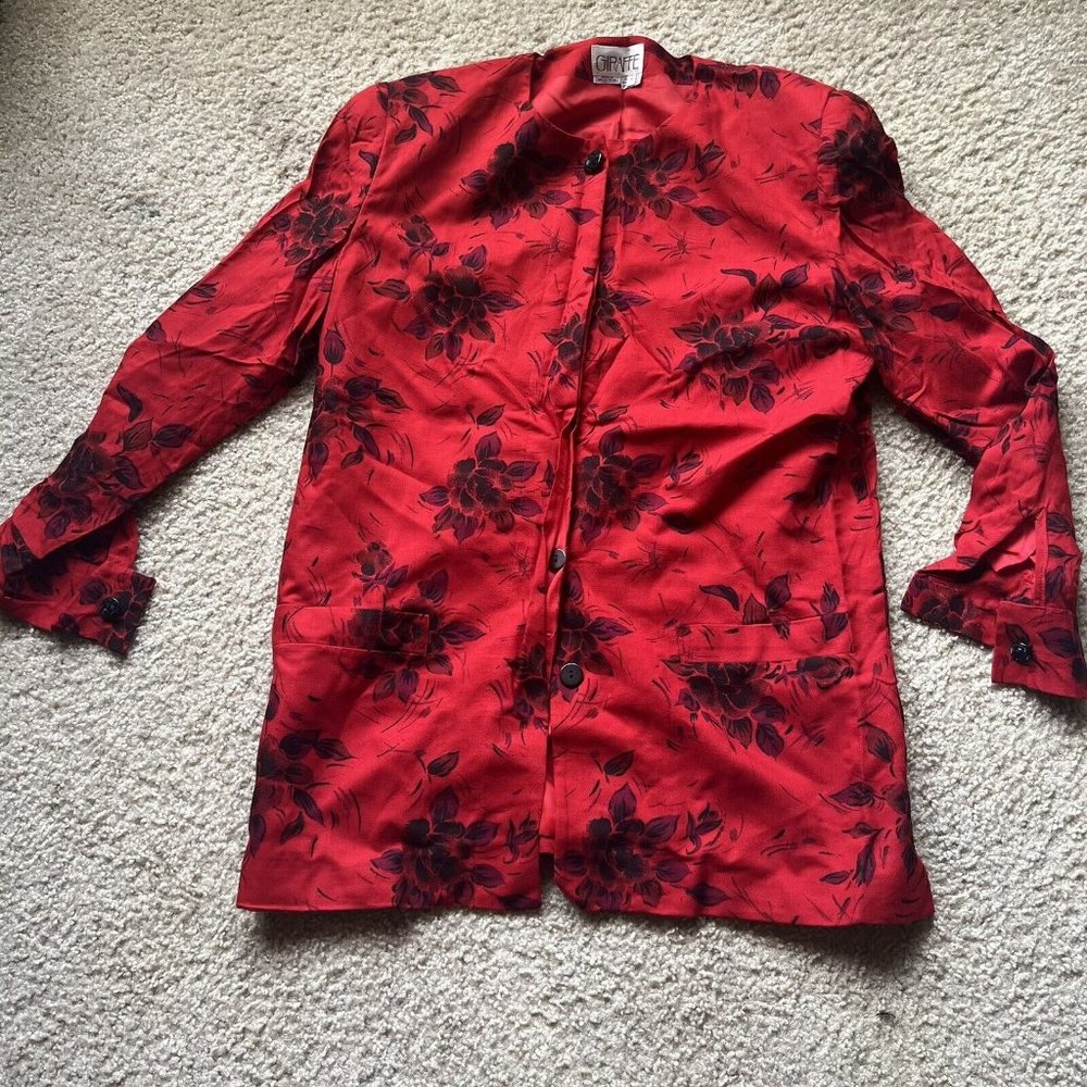 Giraffe WOMEN'S BLACK RED FLORAL BLOUSE SIZE 12 Long Sleeve Button Shoulder Pads